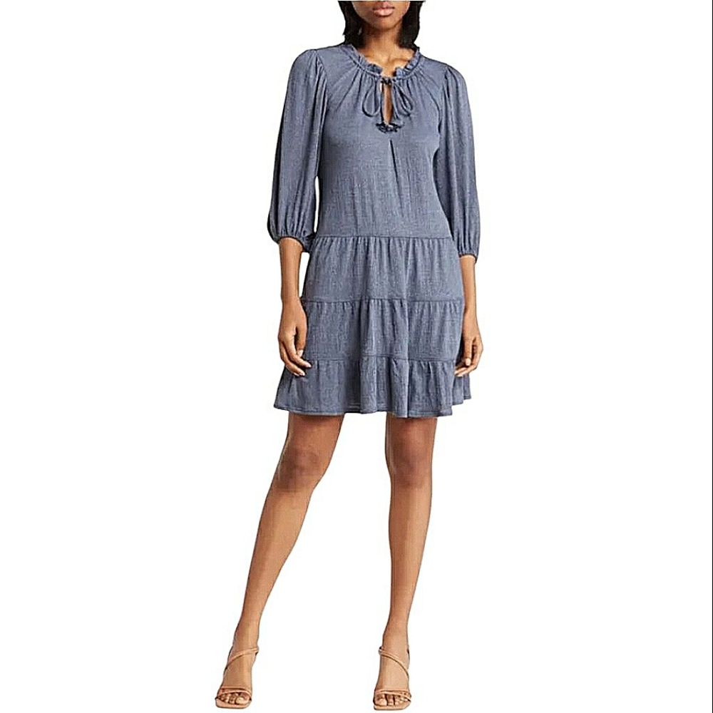 NWT Max Studio Tiered Ruffle Hem Midi Dress Loose Jersey Fit Blue Size XS